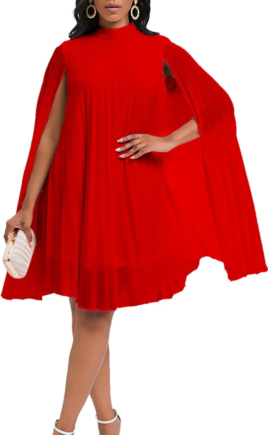 OMZIN Women's Stand Collar Pleated Cape Sleeve Dress Loose Knee Length Club Dress Summer Solid Color Dress