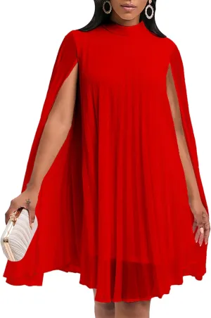 OMZIN Women's Stand Collar Pleated Cape Sleeve Dress Loose Knee Length Club Dress Summer Solid Color Dress