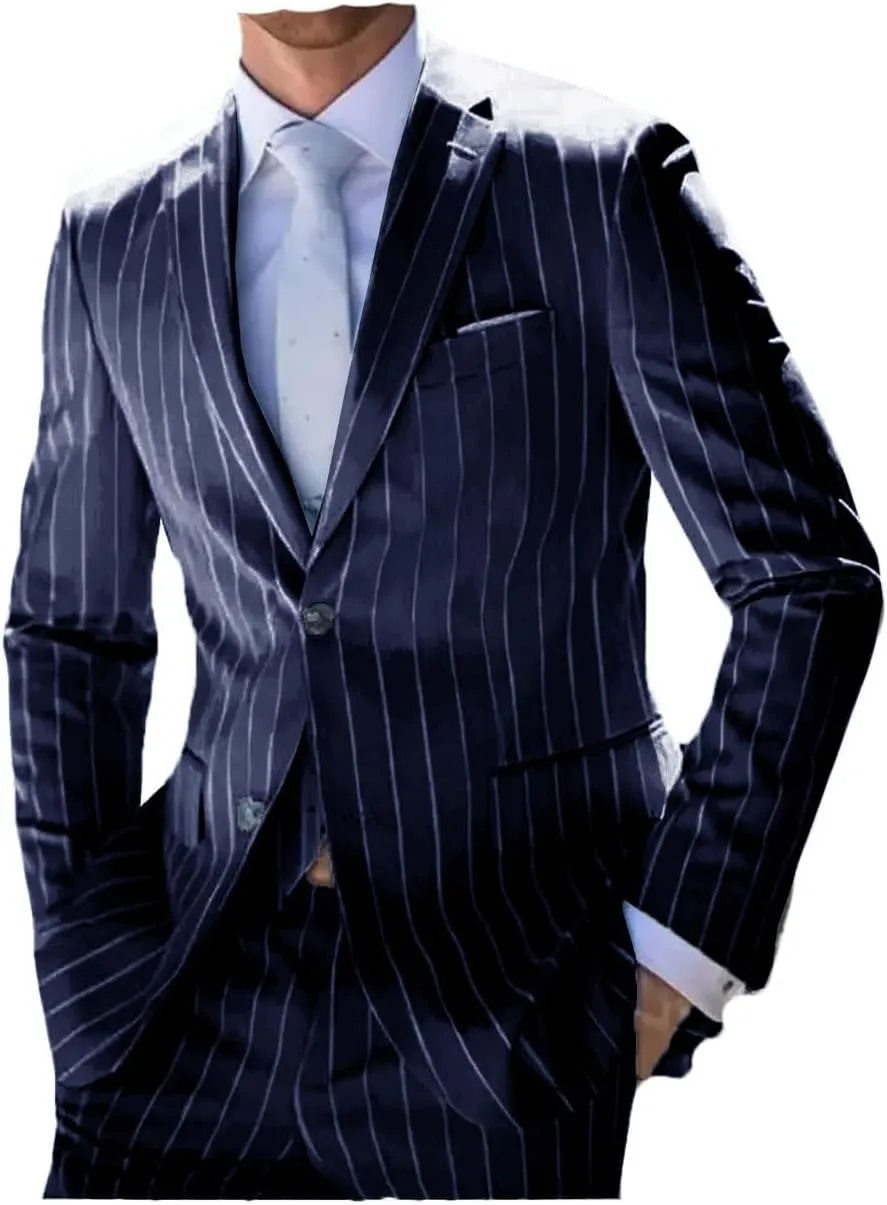 ORBITRAY Men's Pinstripe Suits 2 Pieces Notch Lapel Regular Fit Tuxedos Groomsmen for Wedding (Blazer Pants)