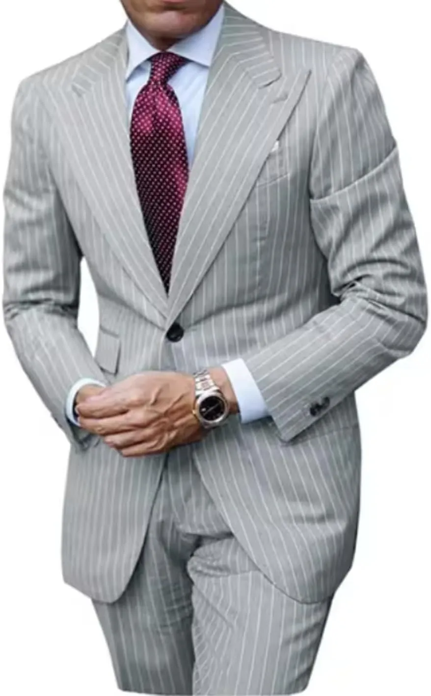 ORBITRAY Men's Pinstripe Suits 2 Pieces Notch Lapel Regular Fit Tuxedos Groomsmen for Wedding (Blazer Pants)