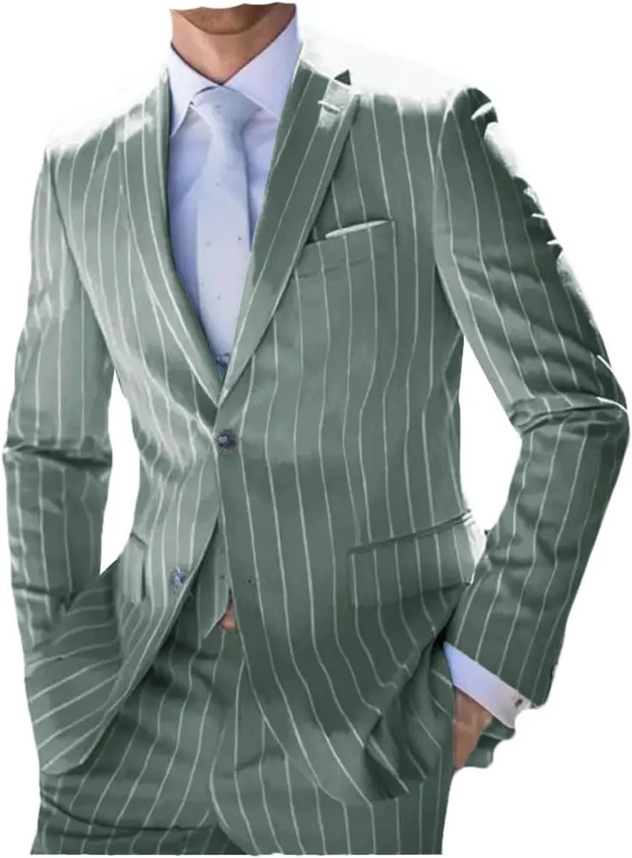 ORBITRAY Men's Pinstripe Suits 2 Pieces Notch Lapel Regular Fit Tuxedos Groomsmen for Wedding (Blazer Pants)