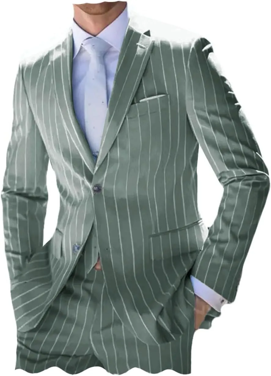 ORBITRAY Men's Pinstripe Suits 2 Pieces Notch Lapel Regular Fit Tuxedos Groomsmen for Wedding (Blazer Pants)