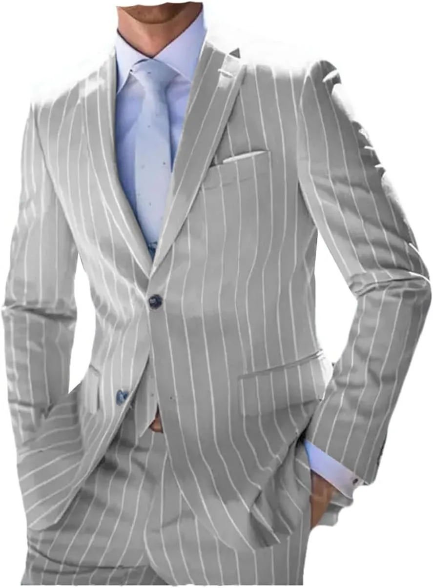 ORBITRAY Men's Pinstripe Suits 2 Pieces Notch Lapel Regular Fit Tuxedos Groomsmen for Wedding (Blazer Pants)