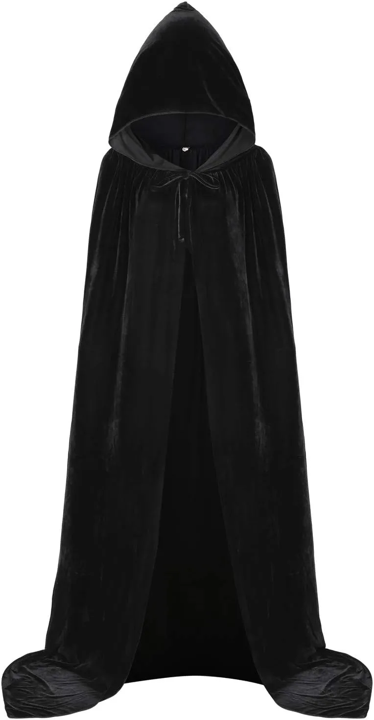 Oumbivil Black Hooded Cloak Cape with Hood Adult Velvet Long Halloween Witch Vampire Cosplay Costume OU018BKXXL