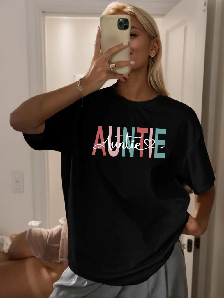Oversized in My Aunts Era Shirts for Women Auntie Tshirt Funny Aunt Letter Print Gift Tee Tops