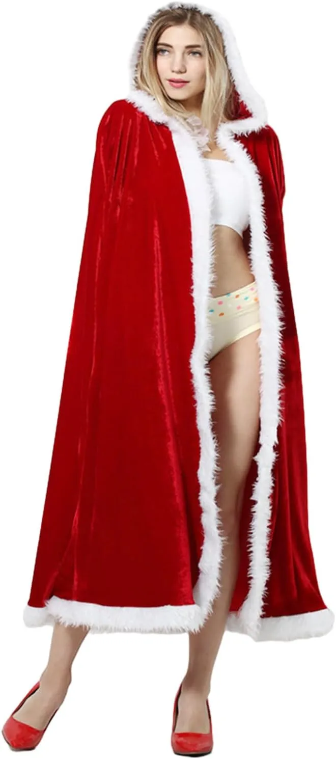 Owl's-Yard Adult Kids Christmas Cloak Velvet Hooded Cape Costume Mrs. Claus Santa Xmas Red Velvet Hooded Cape Robe