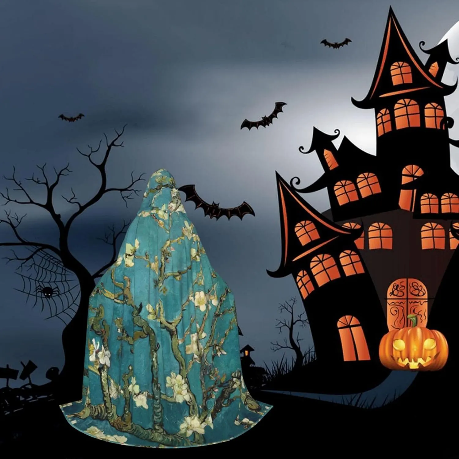 Painting Almond Blossoms Print Halloween Hooded Cape Cosplay Cape & Witch Cloak - Unisex Halloween Hooded Cloak