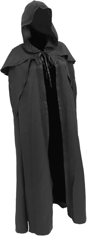PartyKindom Black Vintage Gothic Long Hooded Cloak Robe Halloween Costume for Adults for Parties and Cosplay Events