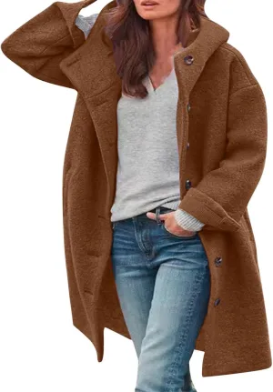 Pea Coats for Women Woolen Long Hooded Coat Fleece Jacket Button Down Winter Warm Outwear Casual Pea Coat with Pocket