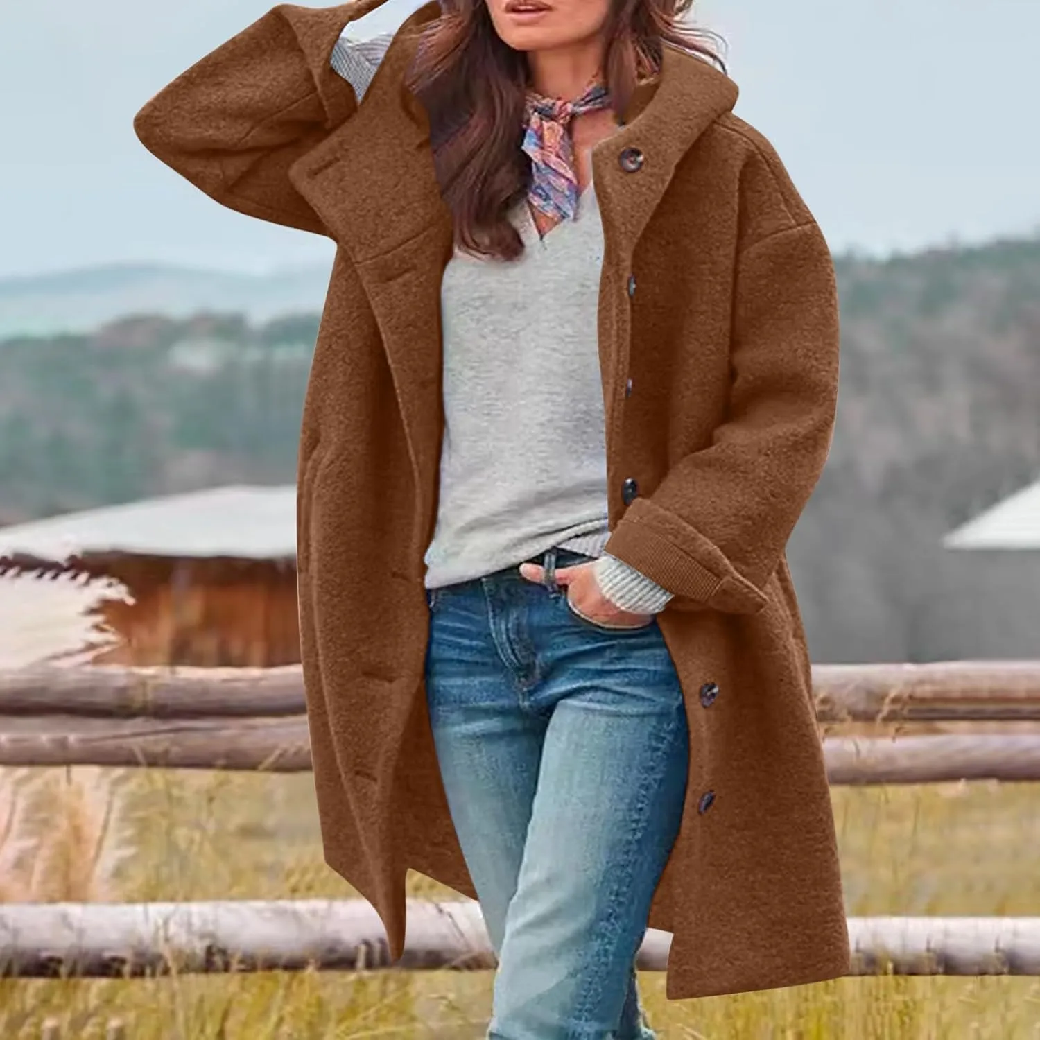 Pea Coats for Women Woolen Long Hooded Coat Fleece Jacket Button Down Winter Warm Outwear Casual Pea Coat with Pocket