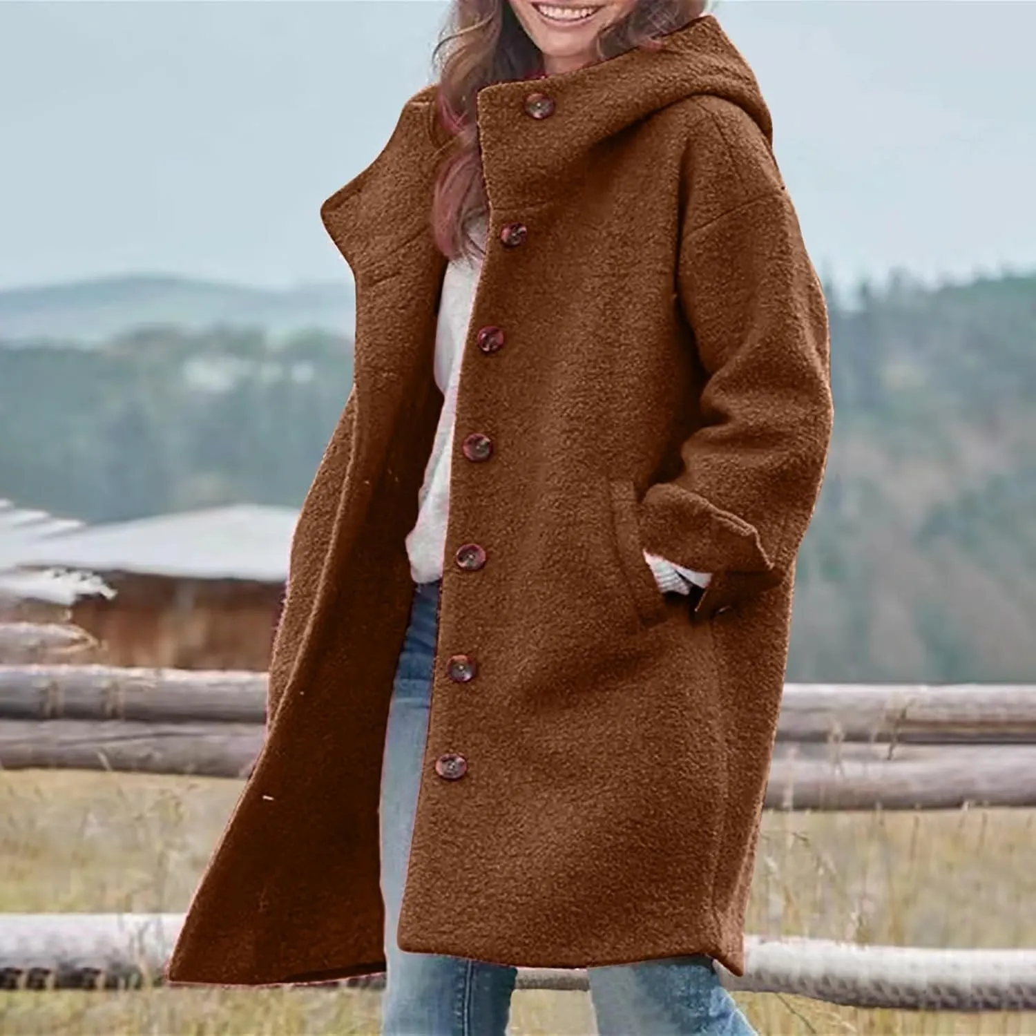 Pea Coats for Women Woolen Long Hooded Coat Fleece Jacket Button Down Winter Warm Outwear Casual Pea Coat with Pocket