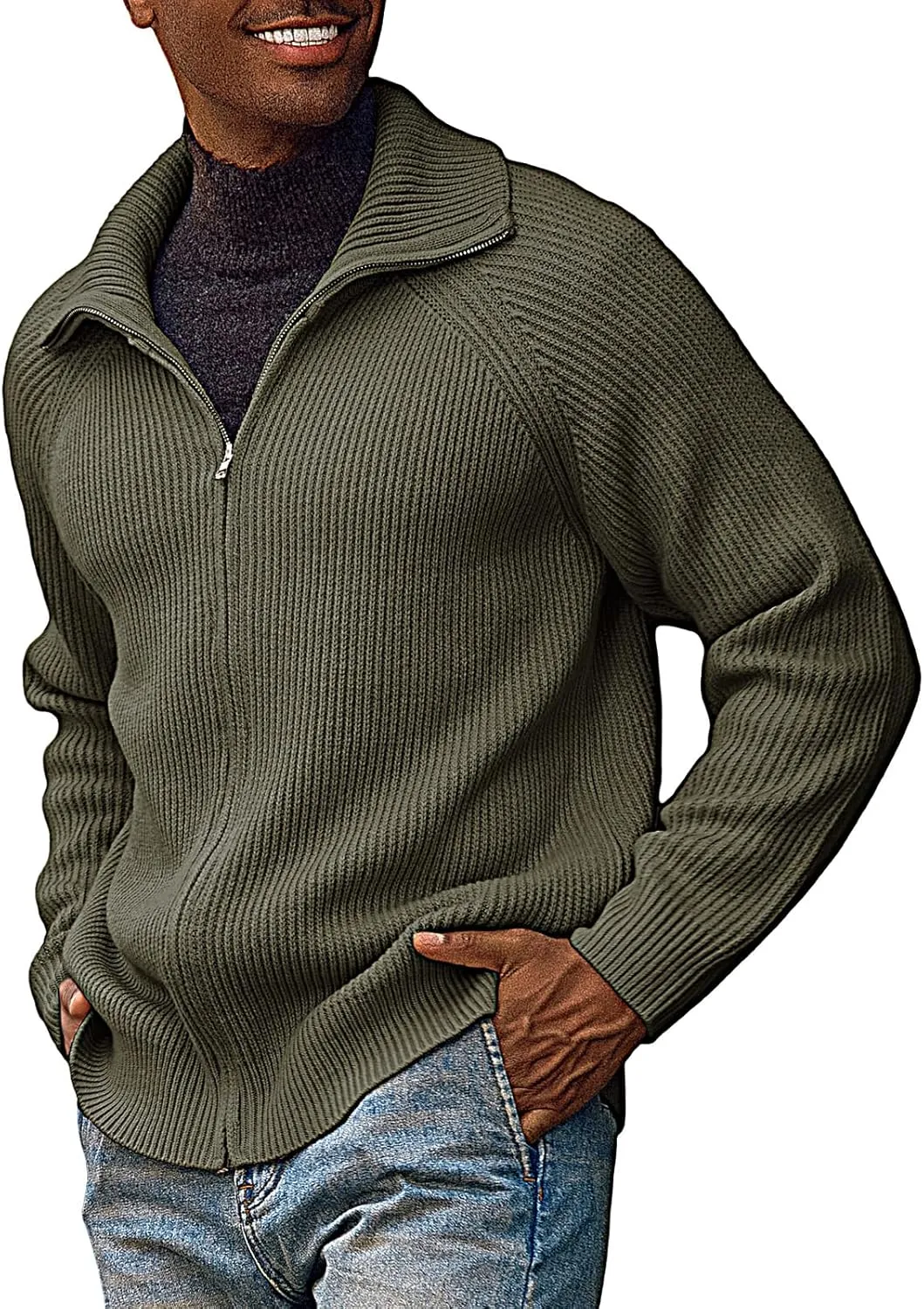 PJ PAUL JONES Men's Full Zip Cardigan Sweaters Unisex Relax Fit Lapel Collar Raglan Sleeve Casual Ribbed Sweater