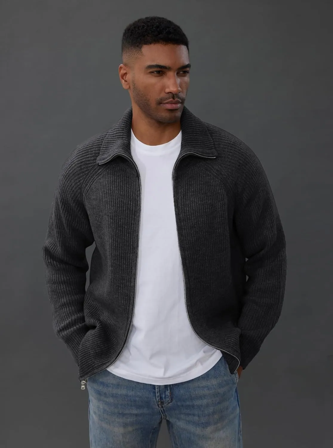 PJ PAUL JONES Men's Full Zip Cardigan Sweaters Unisex Relax Fit Lapel Collar Raglan Sleeve Casual Ribbed Sweater