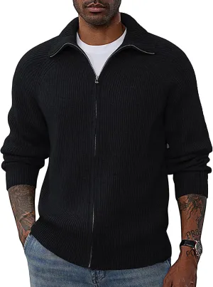 PJ PAUL JONES Men's Full Zip Cardigan Sweaters Unisex Relax Fit Lapel Collar Raglan Sleeve Casual Ribbed Sweater