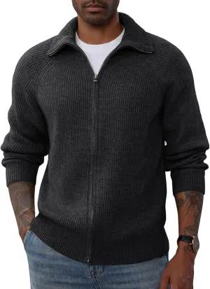 PJ PAUL JONES Men's Full Zip Cardigan Sweaters Unisex Relax Fit Lapel Collar Raglan Sleeve Casual Ribbed Sweater