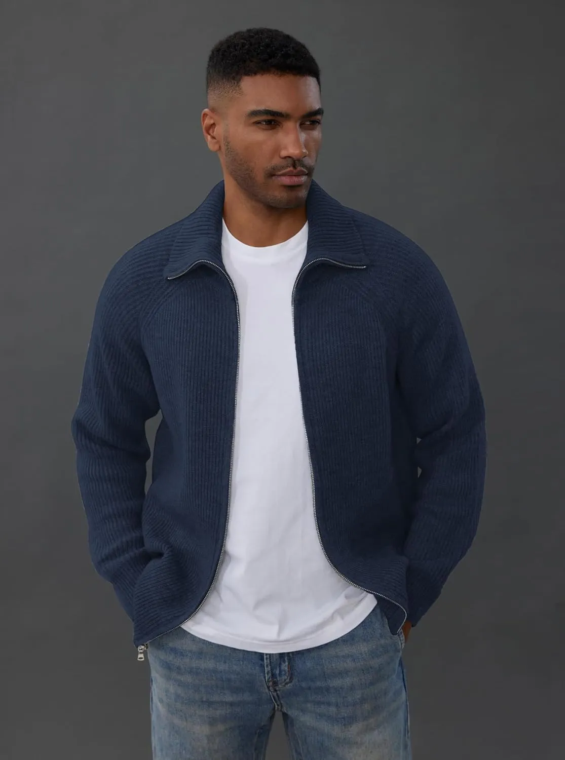 PJ PAUL JONES Men's Full Zip Cardigan Sweaters Unisex Relax Fit Lapel Collar Raglan Sleeve Casual Ribbed Sweater