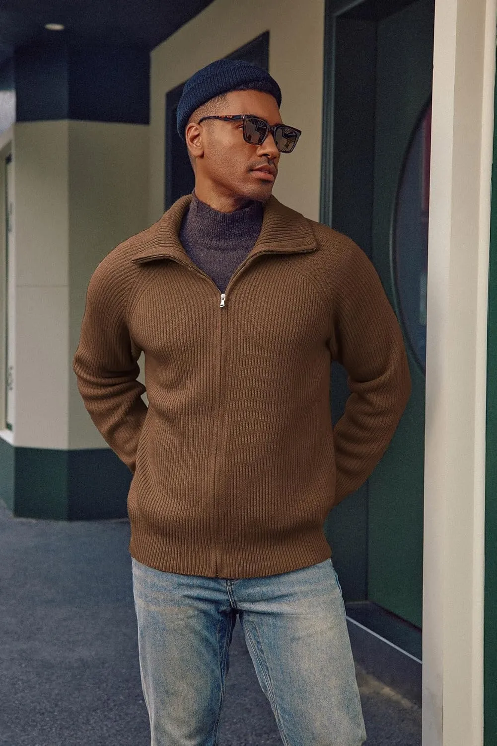 PJ PAUL JONES Men's Full Zip Cardigan Sweaters Unisex Relax Fit Lapel Collar Raglan Sleeve Casual Ribbed Sweater