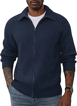 PJ PAUL JONES Men's Full Zip Cardigan Sweaters Unisex Relax Fit Lapel Collar Raglan Sleeve Casual Ribbed Sweater