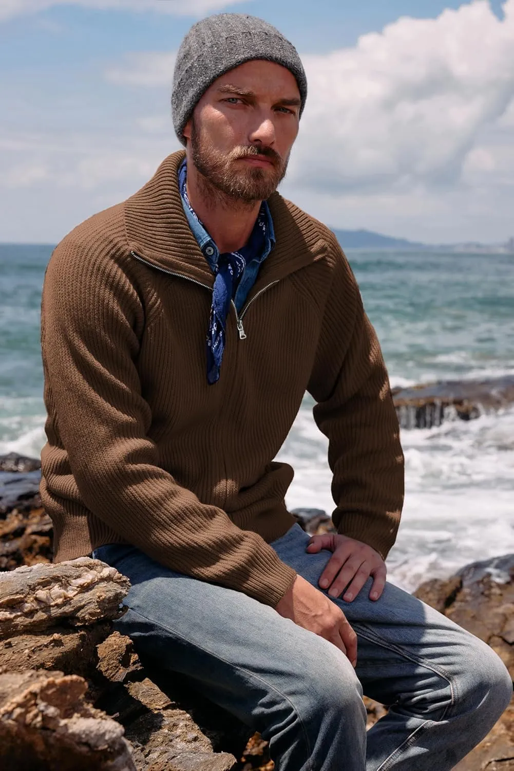PJ PAUL JONES Men's Full Zip Cardigan Sweaters Unisex Relax Fit Lapel Collar Raglan Sleeve Casual Ribbed Sweater