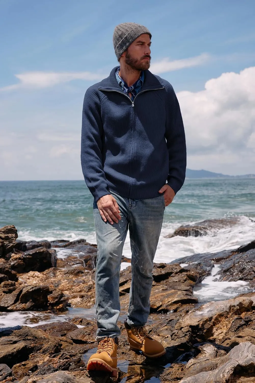 PJ PAUL JONES Men's Full Zip Cardigan Sweaters Unisex Relax Fit Lapel Collar Raglan Sleeve Casual Ribbed Sweater