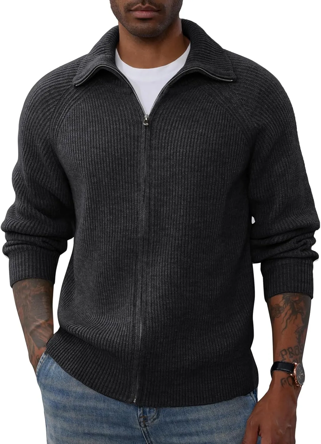 PJ PAUL JONES Men's Full Zip Cardigan Sweaters Unisex Relax Fit Lapel Collar Raglan Sleeve Casual Ribbed Sweater