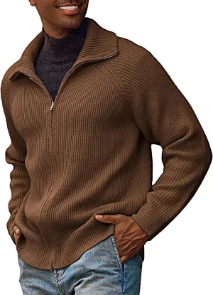 PJ PAUL JONES Men's Full Zip Cardigan Sweaters Unisex Relax Fit Lapel Collar Raglan Sleeve Casual Ribbed Sweater