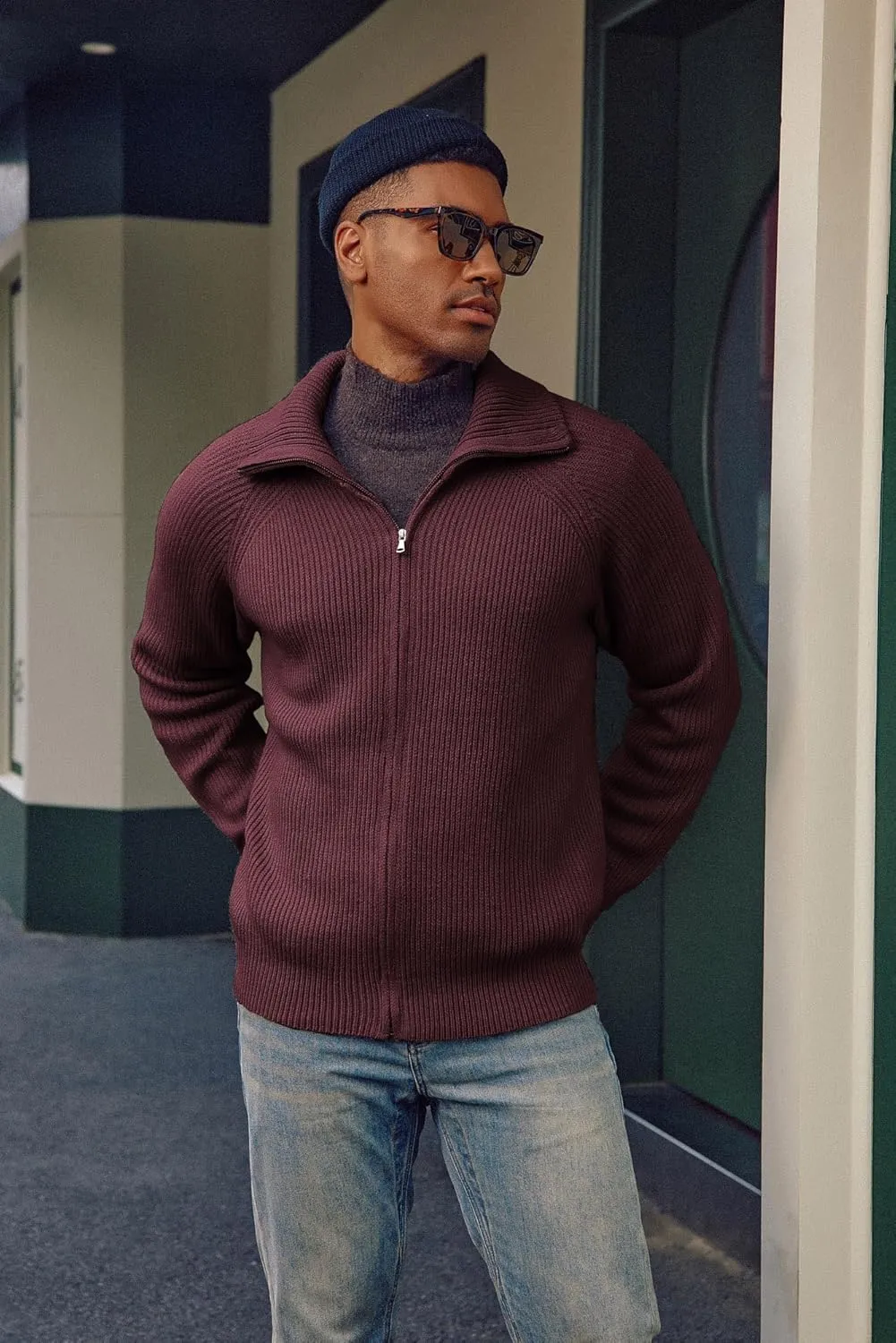 PJ PAUL JONES Men's Full Zip Cardigan Sweaters Unisex Relax Fit Lapel Collar Raglan Sleeve Casual Ribbed Sweater