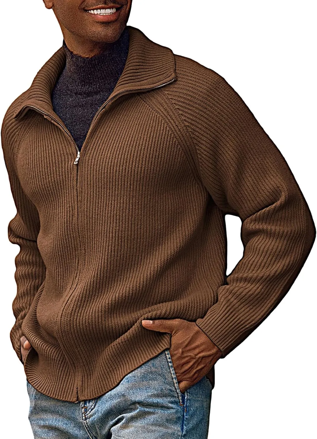 PJ PAUL JONES Men's Full Zip Cardigan Sweaters Unisex Relax Fit Lapel Collar Raglan Sleeve Casual Ribbed Sweater