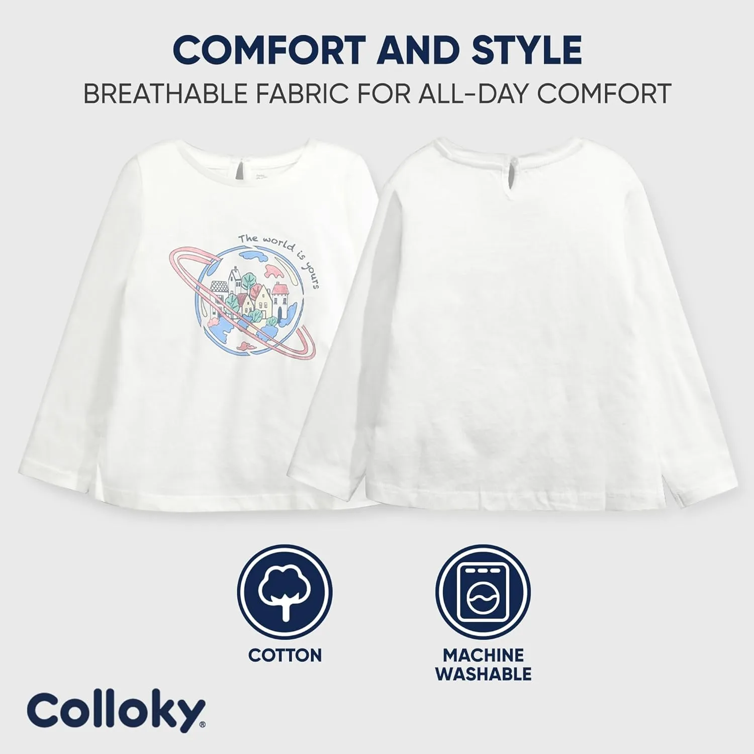 Premium Organic Cotton Long Sleeve Shirt for Little Girls and Toddlers - Ultra-Soft, Breathable and Durable
