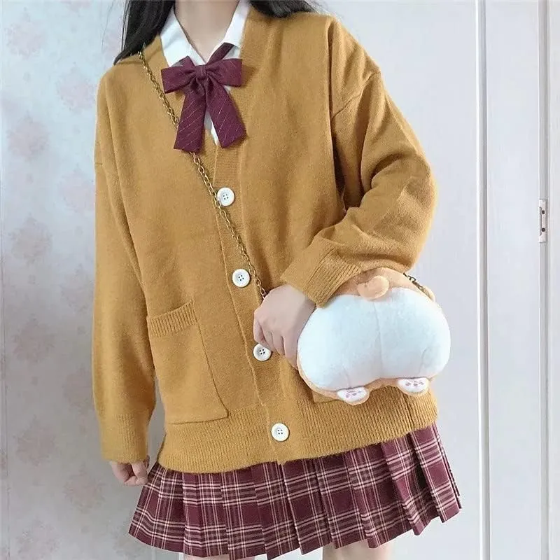 Preppy Aesthetic Clothes Cute Japanese School Sweater Kawaii Solid V-Neck Loose Knitted Cardigan JK Uniform Cosplay