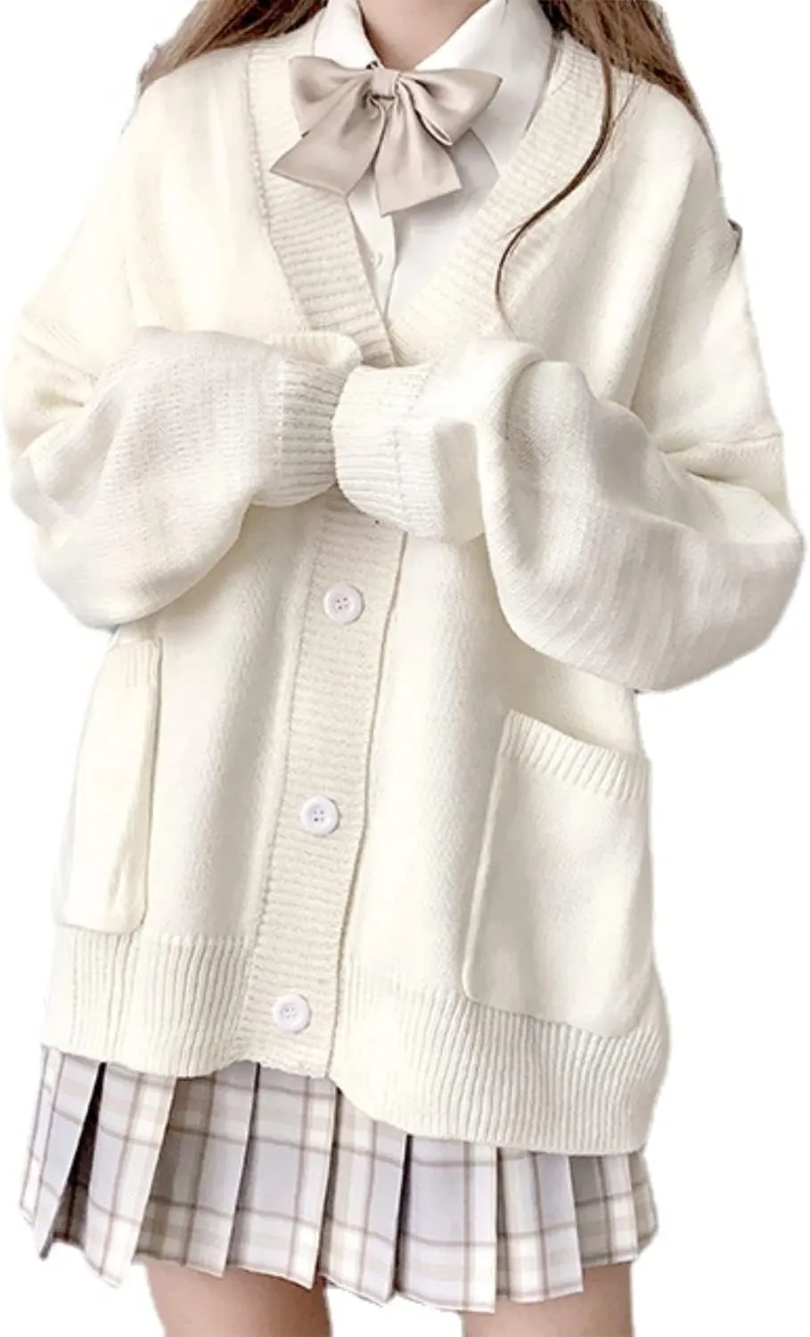 Preppy Aesthetic Clothes Cute Japanese School Sweater Kawaii Solid V-Neck Loose Knitted Cardigan JK Uniform Cosplay