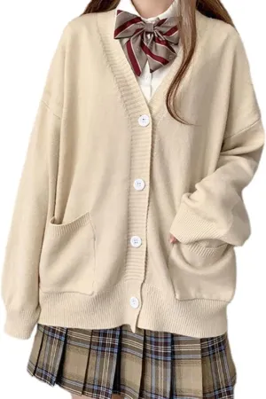 Preppy Aesthetic Clothes Cute Japanese School Sweater Kawaii Solid V-Neck Loose Knitted Cardigan JK Uniform Cosplay