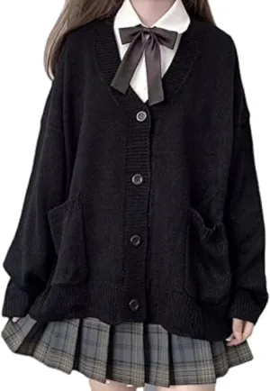Preppy Aesthetic Clothes Cute Japanese School Sweater Kawaii Solid V-Neck Loose Knitted Cardigan JK Uniform Cosplay
