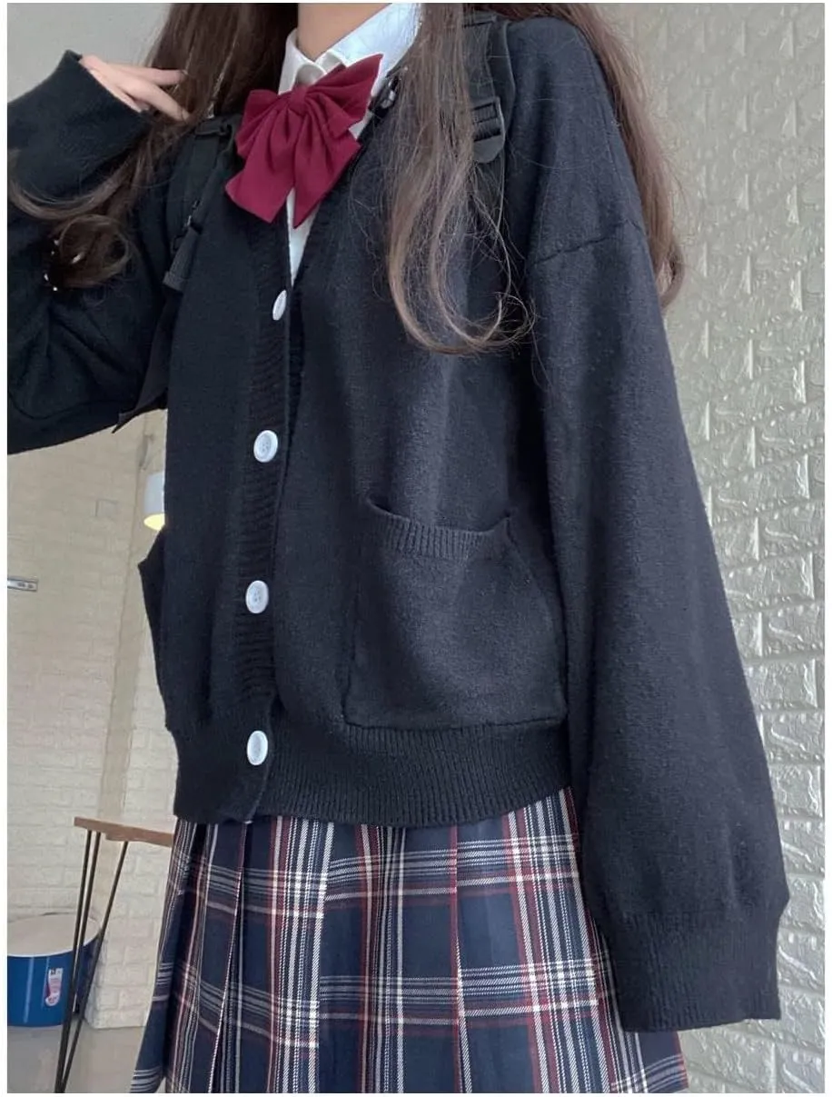 Preppy Aesthetic Clothes Cute Japanese School Sweater Kawaii Solid V-Neck Loose Knitted Cardigan JK Uniform Cosplay