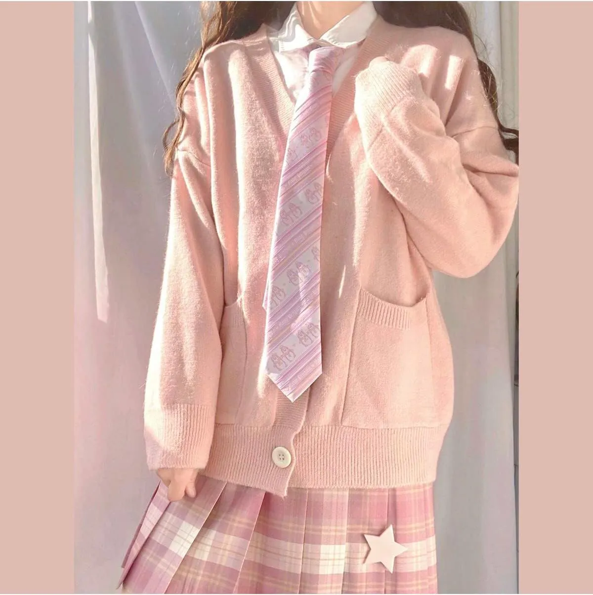 Preppy Aesthetic Clothes Cute Japanese School Sweater Kawaii Solid V-Neck Loose Knitted Cardigan JK Uniform Cosplay