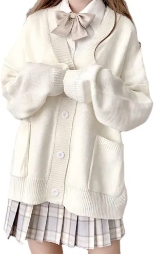 Preppy Aesthetic Clothes Cute Japanese School Sweater Kawaii Solid V-Neck Loose Knitted Cardigan JK Uniform Cosplay