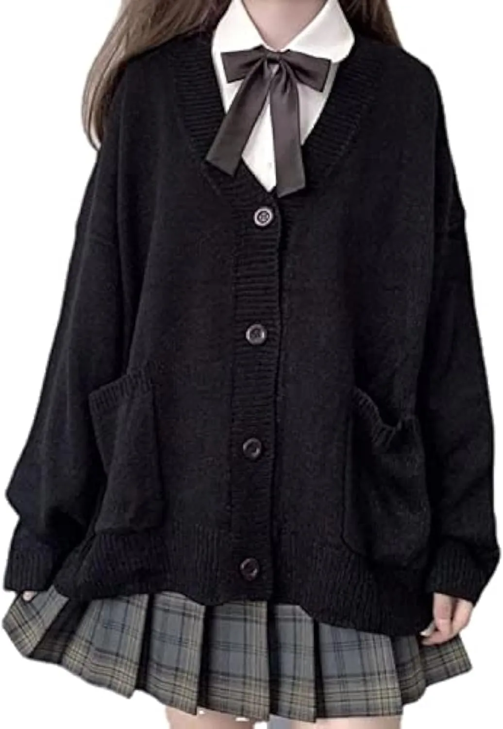 Preppy Aesthetic Clothes Cute Japanese School Sweater Kawaii Solid V-Neck Loose Knitted Cardigan JK Uniform Cosplay