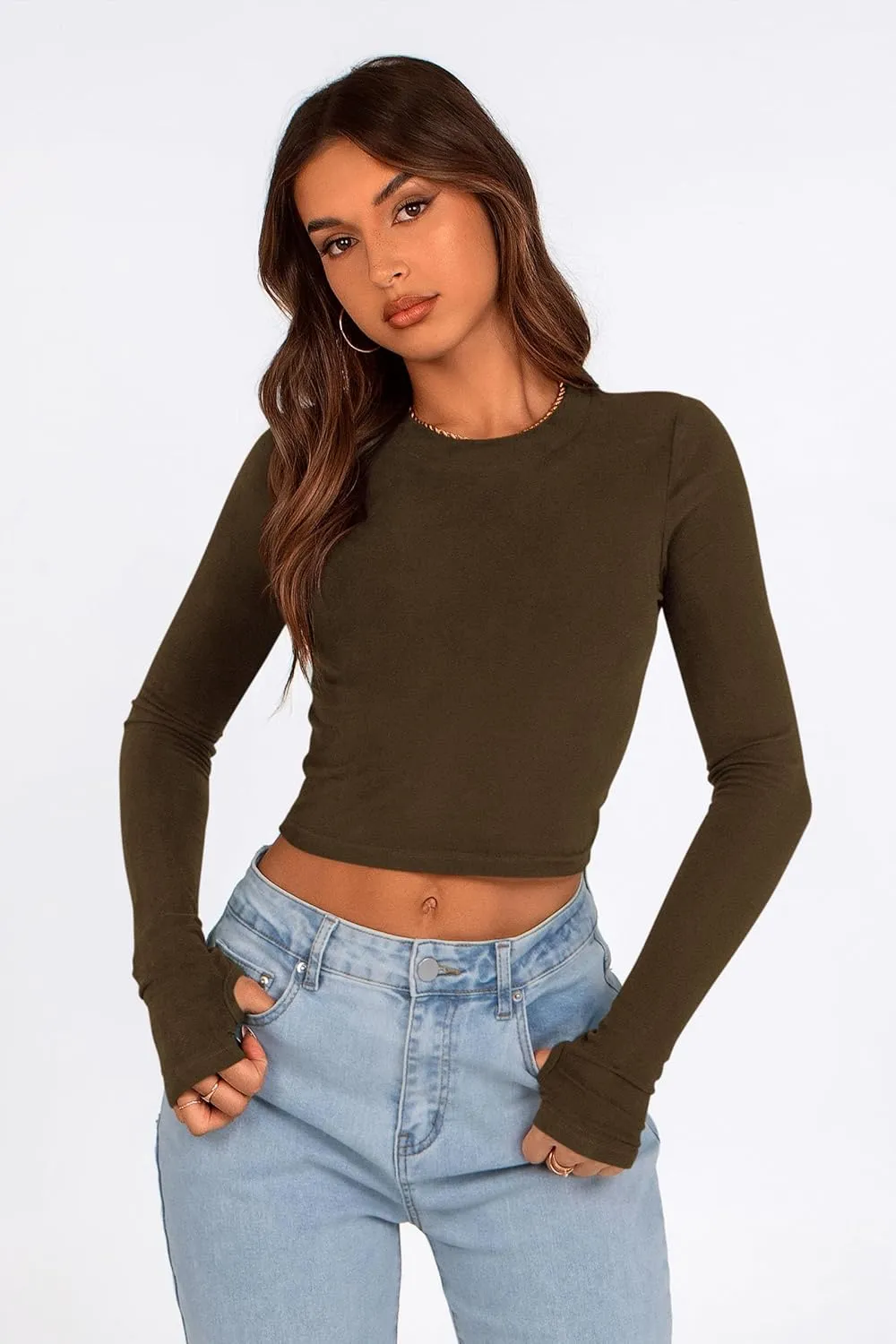 PRETTYGARDEN Women's Long Sleeve Crop Tops Y2K Spring Fall Fashion Clothes Basic Slim Fit Tee Shirts Blouse