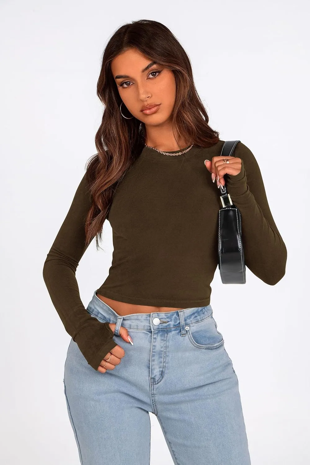 PRETTYGARDEN Women's Long Sleeve Crop Tops Y2K Spring Fall Fashion Clothes Basic Slim Fit Tee Shirts Blouse