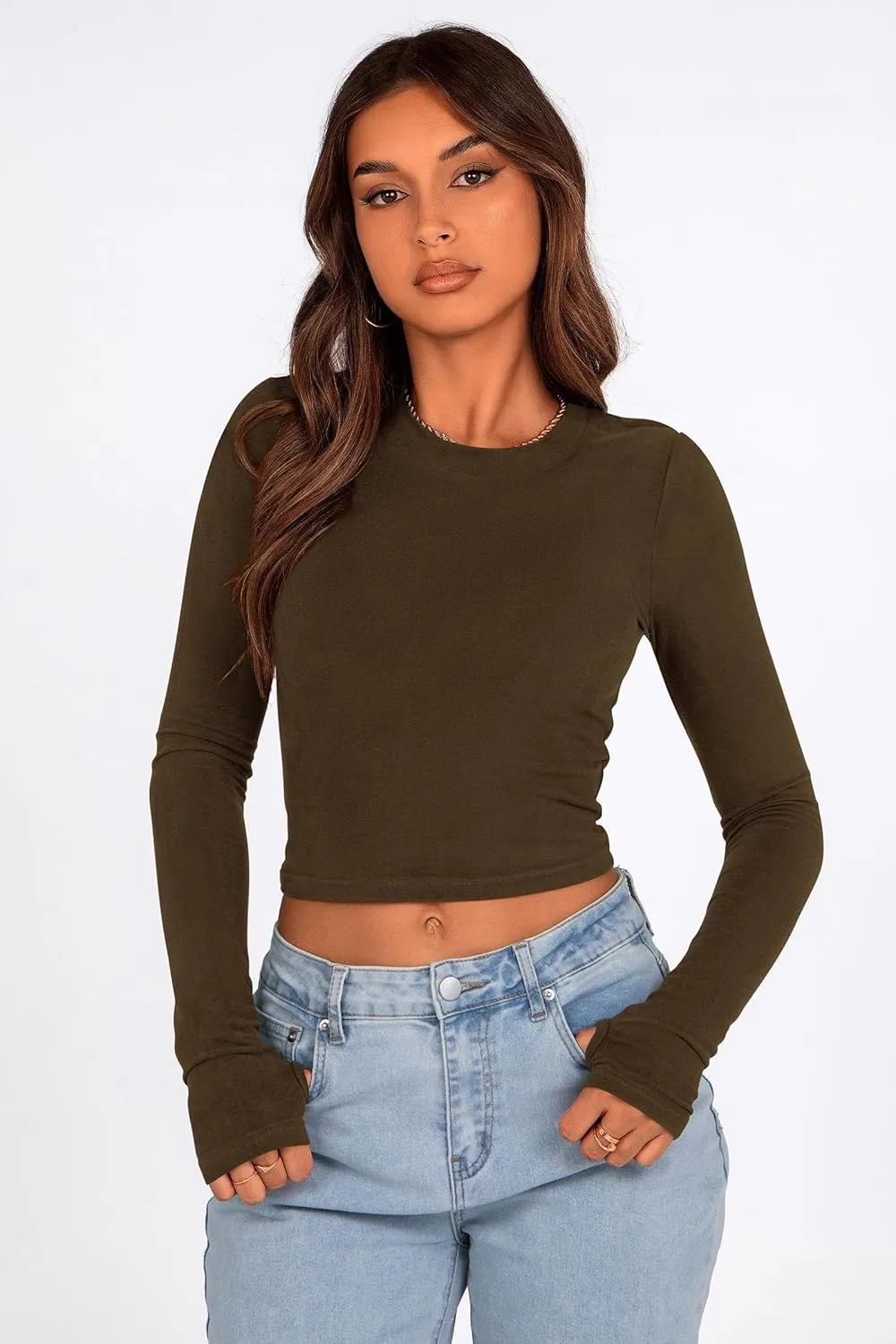 PRETTYGARDEN Women's Long Sleeve Crop Tops Y2K Spring Fall Fashion Clothes Basic Slim Fit Tee Shirts Blouse