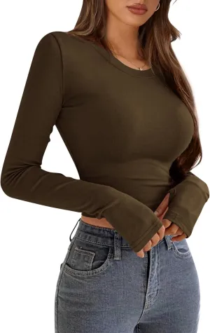 PRETTYGARDEN Women's Long Sleeve Crop Tops Y2K Spring Fall Fashion Clothes Basic Slim Fit Tee Shirts Blouse