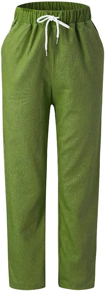 PTOLOCIF Cotton Linen Pants Women High Waisted Wide Leg Palazzo Pant Drawstring Casual Loose Pants Trousers with Pockets