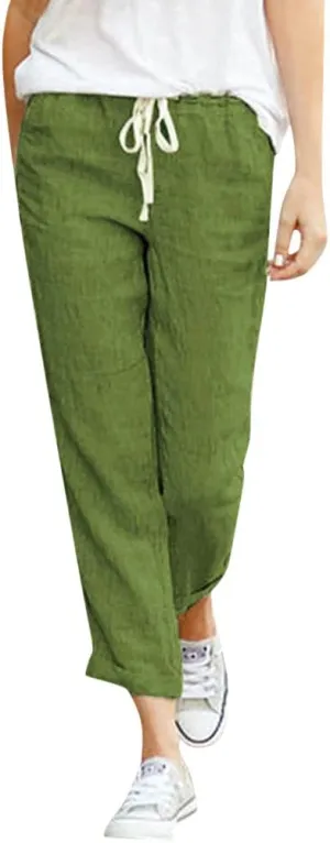 PTOLOCIF Cotton Linen Pants Women High Waisted Wide Leg Palazzo Pant Drawstring Casual Loose Pants Trousers with Pockets