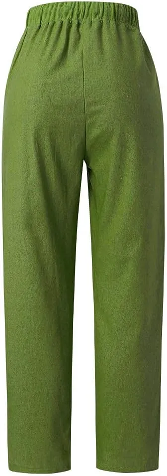 PTOLOCIF Cotton Linen Pants Women High Waisted Wide Leg Palazzo Pant Drawstring Casual Loose Pants Trousers with Pockets