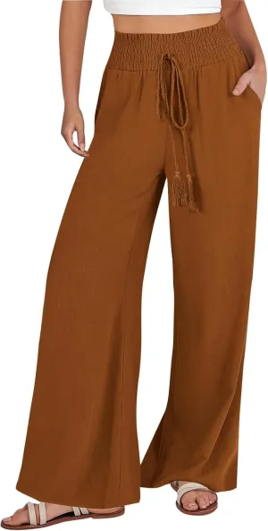 PTOLOCIF Linen Pants Women Summer High Waist Elastic Pants Straight Leg Lounge Pant Casual Loose Lightweight Beach Trousers