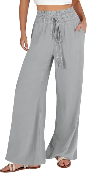 PTOLOCIF Linen Pants Women Summer High Waist Elastic Pants Straight Leg Lounge Pant Casual Loose Lightweight Beach Trousers