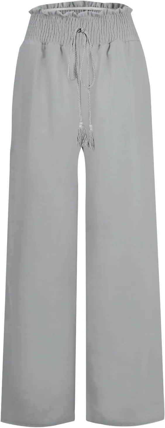 PTOLOCIF Linen Pants Women Summer High Waist Elastic Pants Straight Leg Lounge Pant Casual Loose Lightweight Beach Trousers