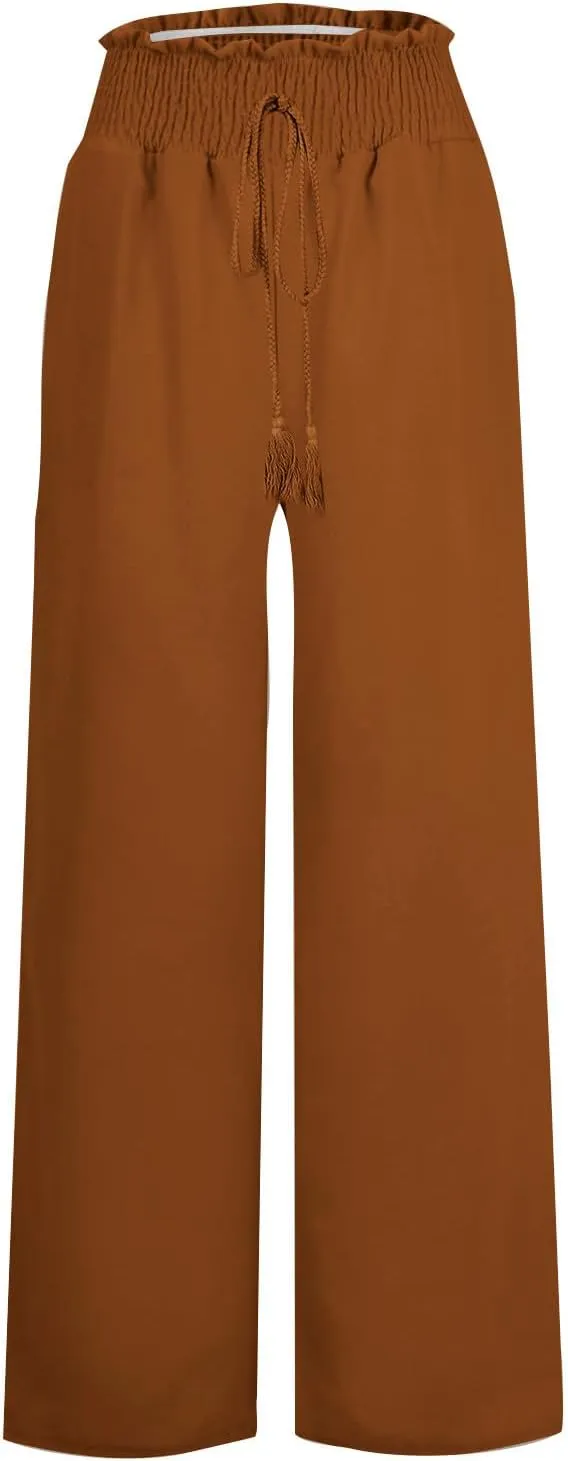PTOLOCIF Linen Pants Women Summer High Waist Elastic Pants Straight Leg Lounge Pant Casual Loose Lightweight Beach Trousers
