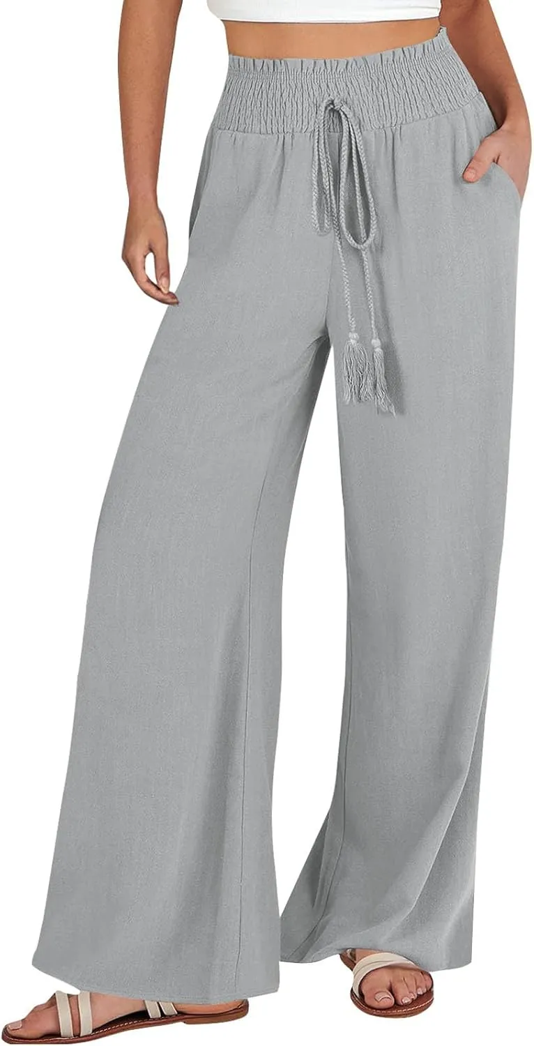 PTOLOCIF Linen Pants Women Summer High Waist Elastic Pants Straight Leg Lounge Pant Casual Loose Lightweight Beach Trousers