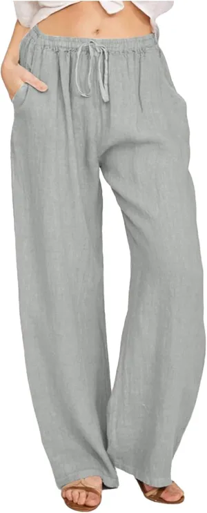 PTOLOCIF Petite Linen Pants for Women Wide Straight Leg Pants Baggy Elastic Waist Pant Summer Loose Fit Trousers with Pockets